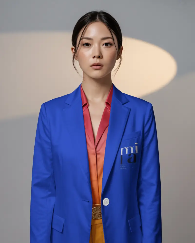 Studio Fashion Jacket Mockup Female Model Front View With Tailored Silhouette And Editorial Appealxx
