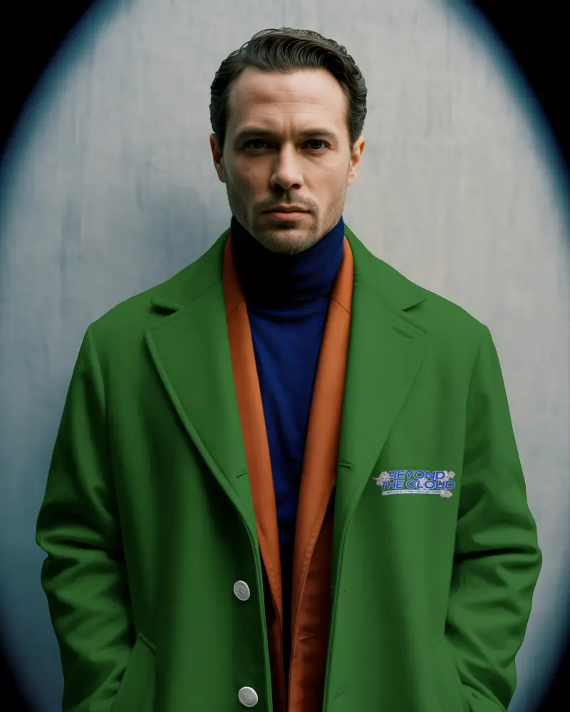 Dramatic Portrait Jacket Mockup Male Model Standing Front Facing With Vignette And Luxury Mood