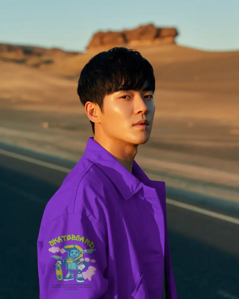 Outdoor Roadside Jacket Mockup Male Model Profile View Travel Inspired Setting And Storytelling Mood