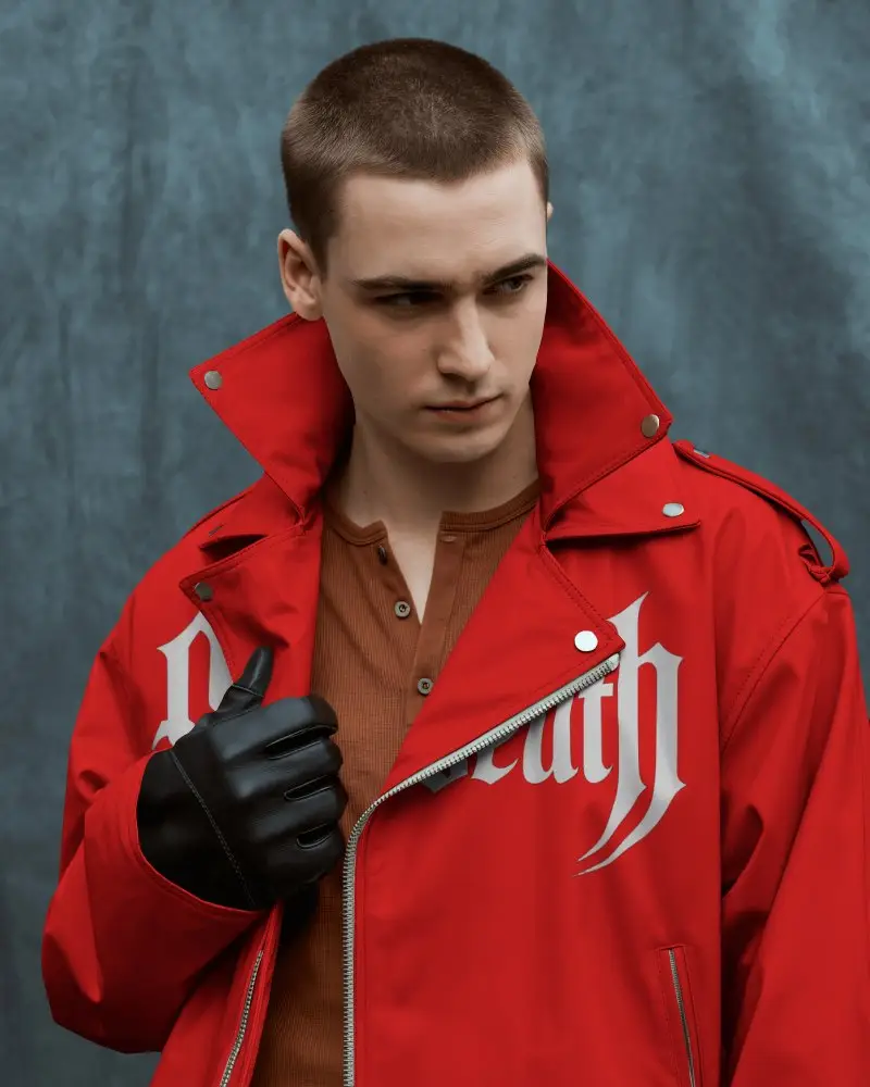 Studio Jacket Mockup Male Model Looking Down Leather Style Soft Lighting Fashion Editorial