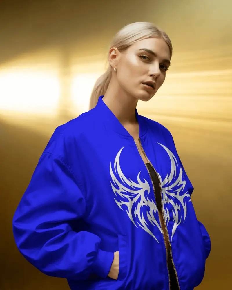 Golden Light Bomber Jacket Mockup Female Model Standing Relaxed Hands In Pockets Cinematic Style