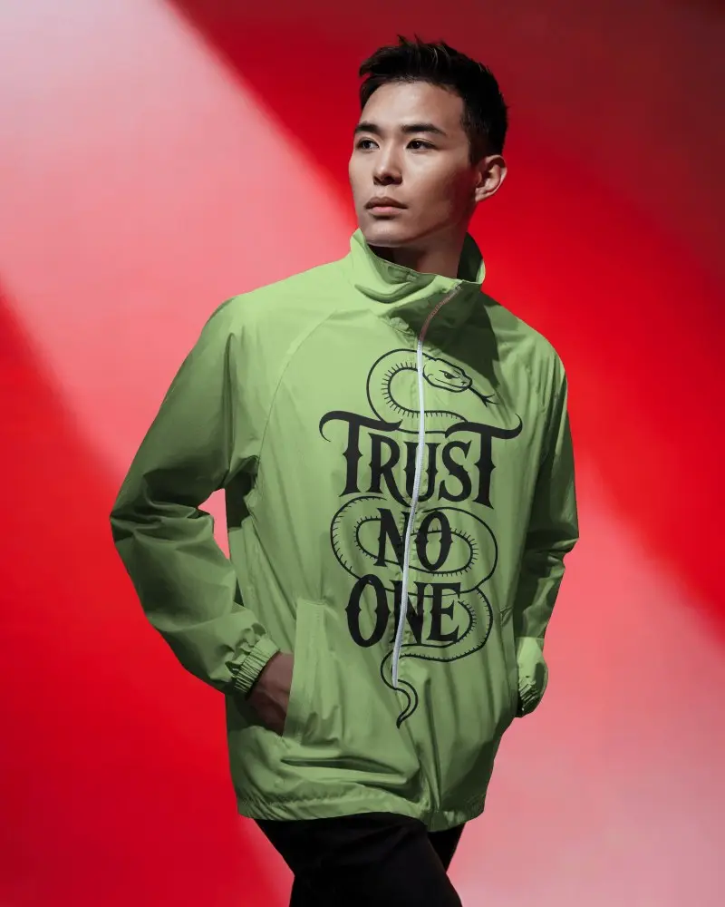 Red Light Windbreaker Bomber Jacket Mockup Male Model Looking Away Cinematic Studio Fashion