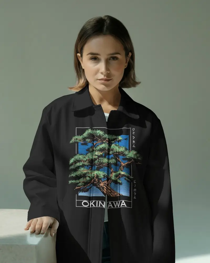 Jacket Mockup Female Model Neutral Expression Modern Standing Front Soft Daylight Studio