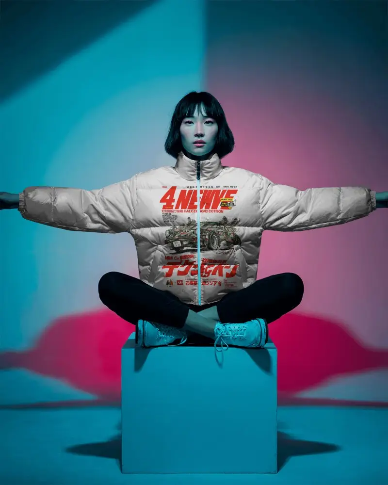 Cinematic Puffer Jacket Mockup Female Model Arms Outstretched Bold Studio Lighting