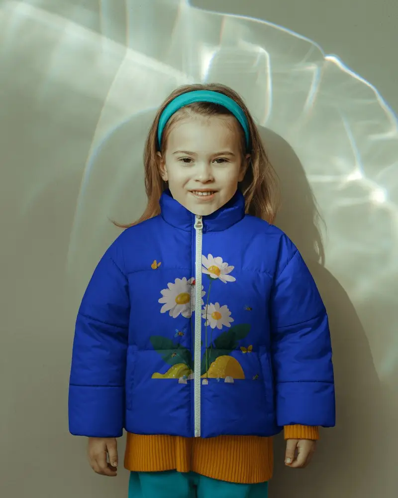Kids Puffer Jacket Mockup Smiling Child Front View Soft Natural Light Clean Studio