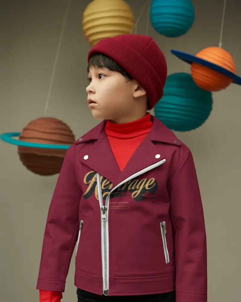 Kids Leather Jacket Mockup Child Looking Sideways Creative Studio Background Playful Style