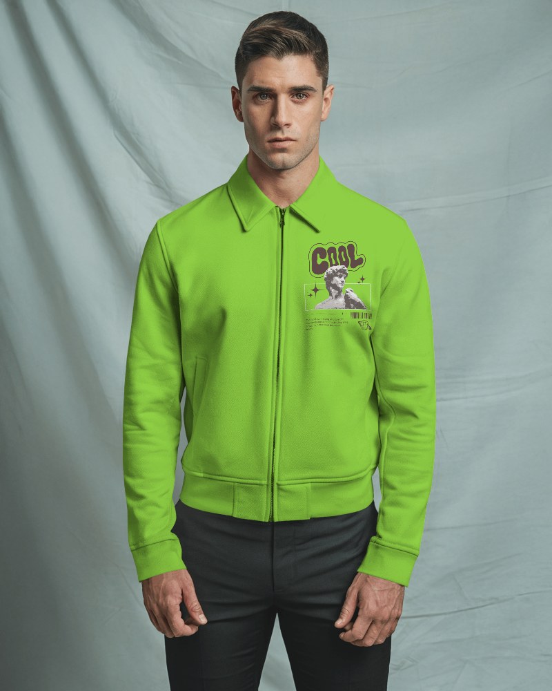 Tudio Lighting Jacket Mockup Front View Male Model Wearing White Zip Up Jacket Against Soft Blue Fabric Backdrop Elegant And Modern Look 030