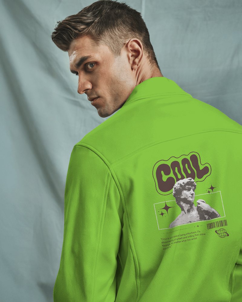 Studio Lighting Jacket Mockup Back View Male Model Turning Head Showing White Zip Up Jacket Against Soft Blue Fabric Backdrop Modern And Sleek Design 031