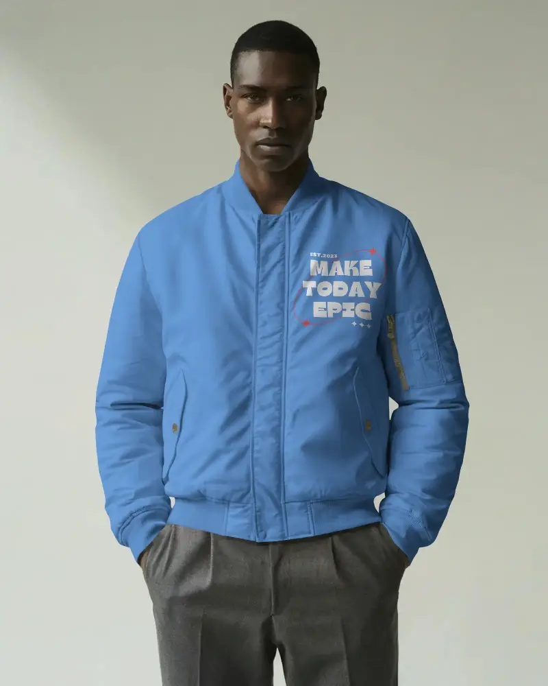 Mens Bomber Jacket Mockup Front View With Pockets And Ribbed Hem For Fashion Display