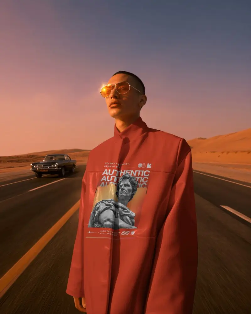 Desert Highway Jacket Mockup Male Model In Sunset Glow With Retro Car In Background