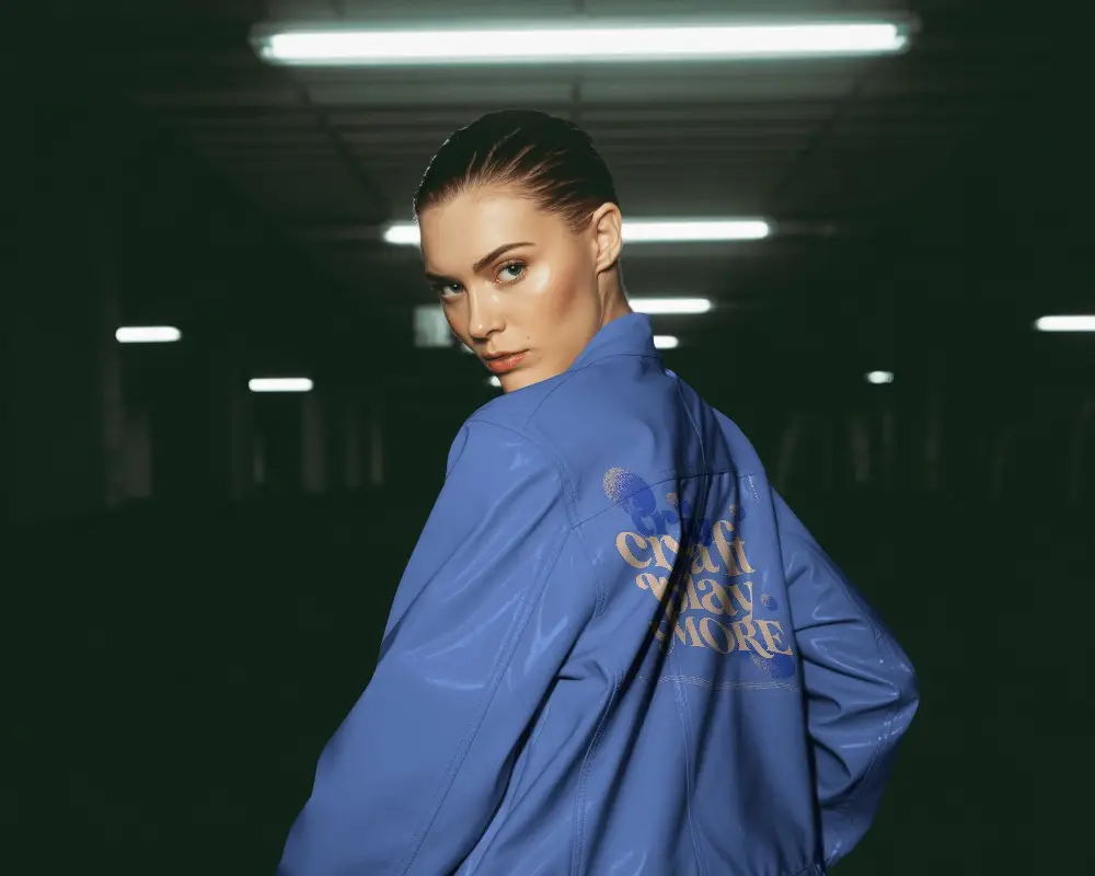 Glossy Leather Jacket Mockup Female Model Turning Back Under Fluorescent Lights Minimal Vibe