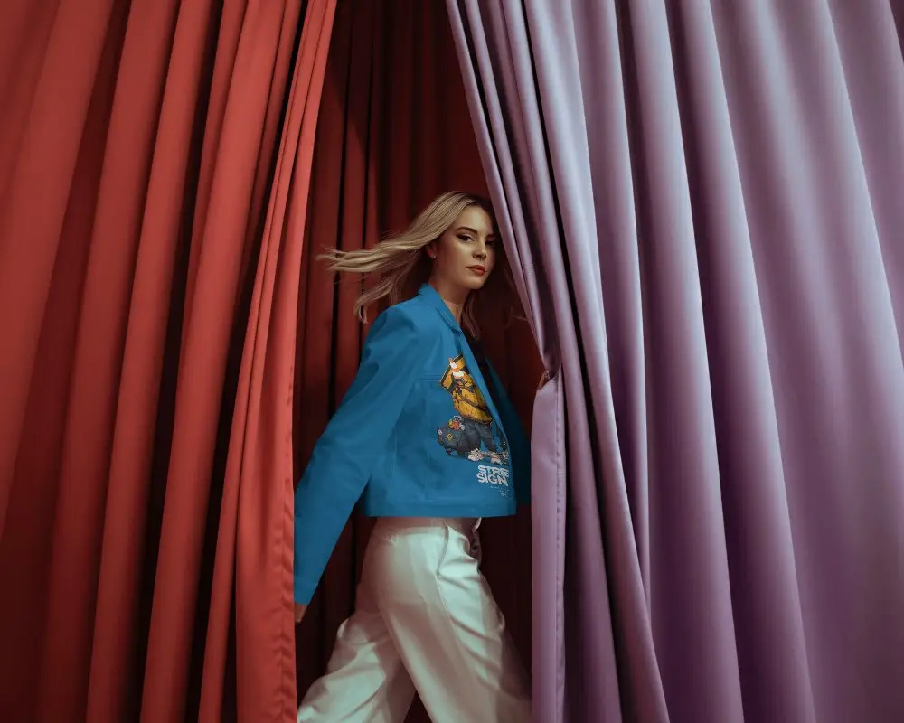 Modern Studio Jacket Mockup Female Model Walking Through Colorful Curtains Stylish Look