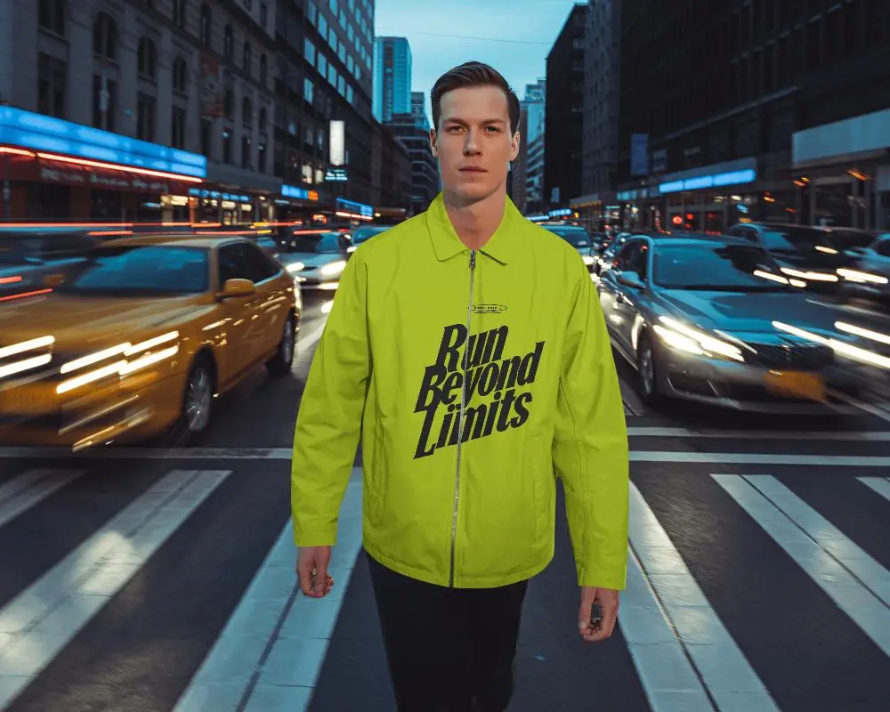 Urban Street Jacket Mockup Male Model Walking City Crosswalk Evening Lighting