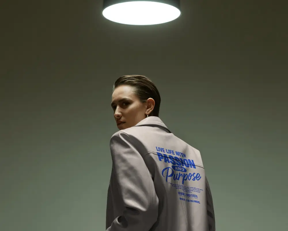 Moody Lighting Jacket Mockup On Model Turned Back Stylish Premium Display