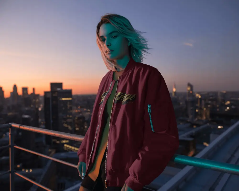Rooftop Sunset Jacket Mockup Female Model Overlooking Cityscape Modern Urban Style