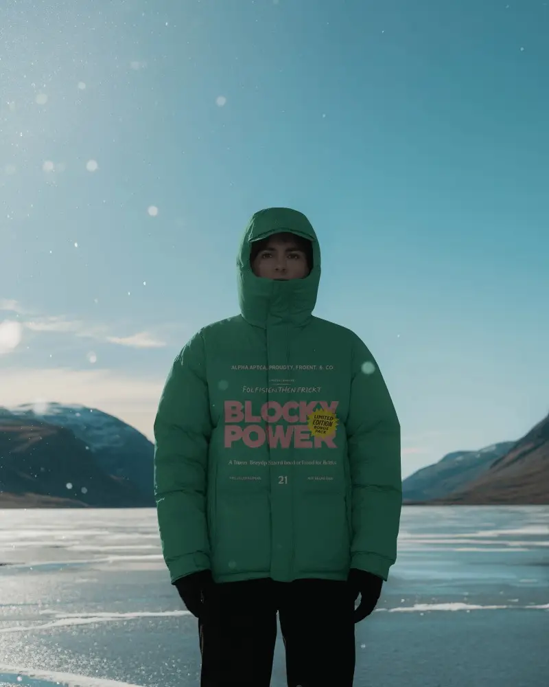 Winter Puffer Jacket Mockup On Model In Frozen Landscape Cold Weather Outdoor Style