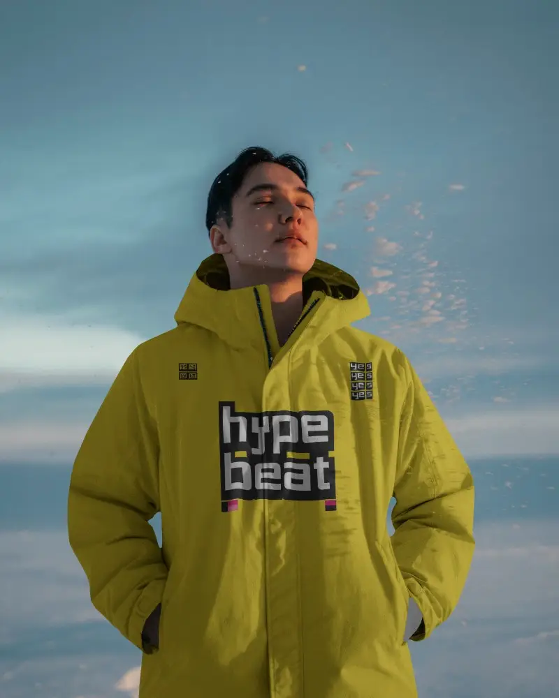 Serene Winter Jacket Mockup On Model Eyes Closed Under Soft Sunlight Calm Outdoor Look