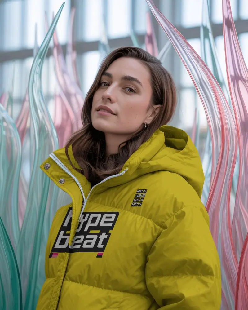 Crystal Garden Puffer Jacket Mockup With Female Model Amid Soft Glass Sculpture Light