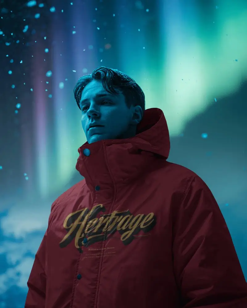 Aurora Nightfall Winter Jacket Mockup Male Model Under Vivid Northern Lights
