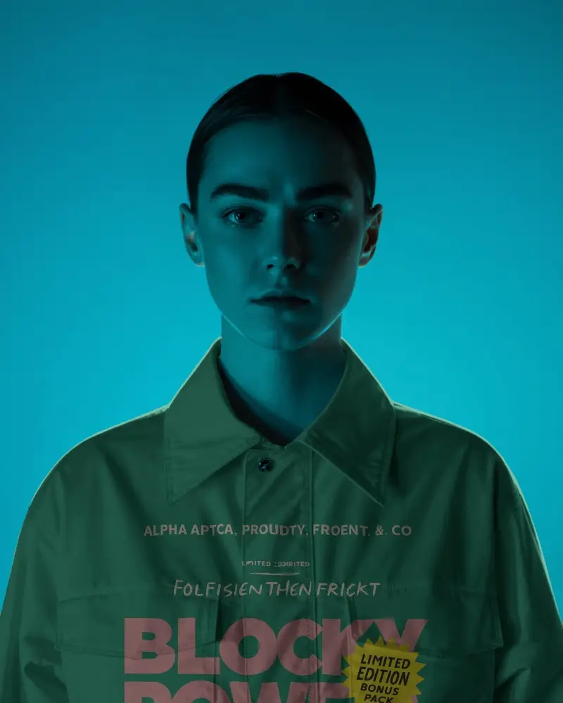 Neon Halo Minimal Jacket Mockup Female Model In Bold Teal Backlit Studio Glow