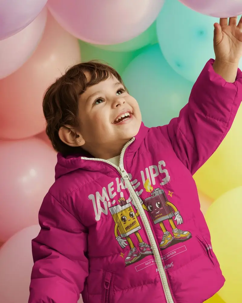 Pastel Balloon Kids Jacket Mockup Smiling Child Reaching Up In Playful Colorful Scene