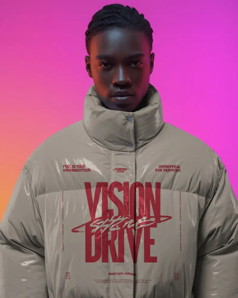 Neon Dusk Puffer Jacket Mockup Model Against Bold Gradient Light In Modern Studio