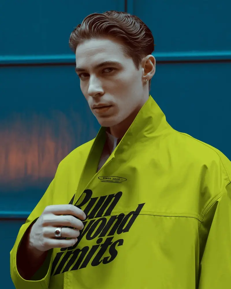 Urban Slate Jacket Mockup Male Model In Moody Contemporary Architectural Setting