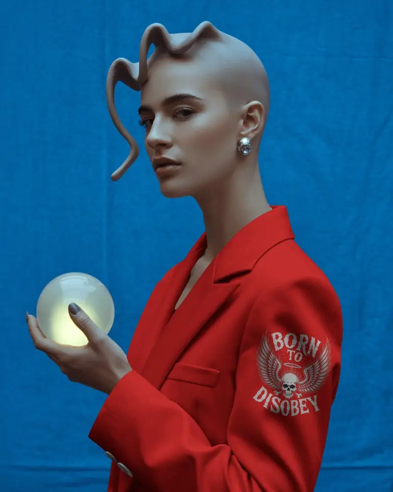 Lunar Oracle Blazer Mockup Elegant Model Holding Glowing Sphere In Surreal Blue Space