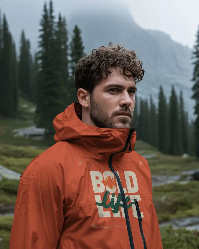 Alpine Trail Outdoor Jacket Mockup Male Model In Misty Mountain Forest Setting
