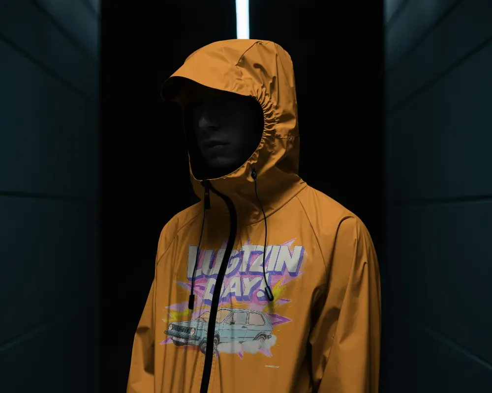 Stealth Outerwear Rainy Jacket Mockup Low Light Tunnel Setting Contemporary Design