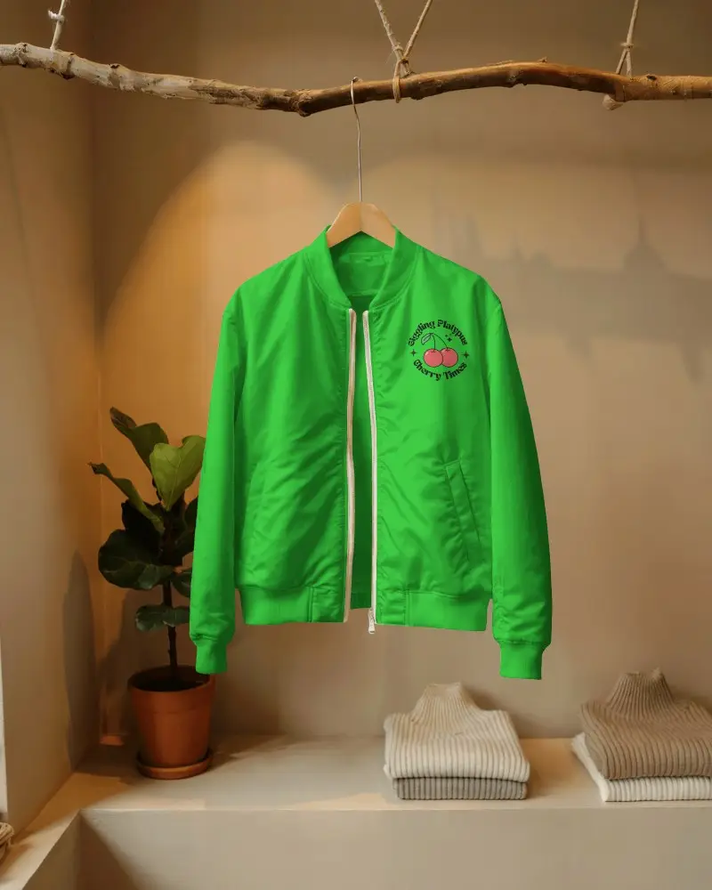 Sleek Minimalist Bomber Jacket Mockup Hanging On Wooden Hanger For Fashion Display