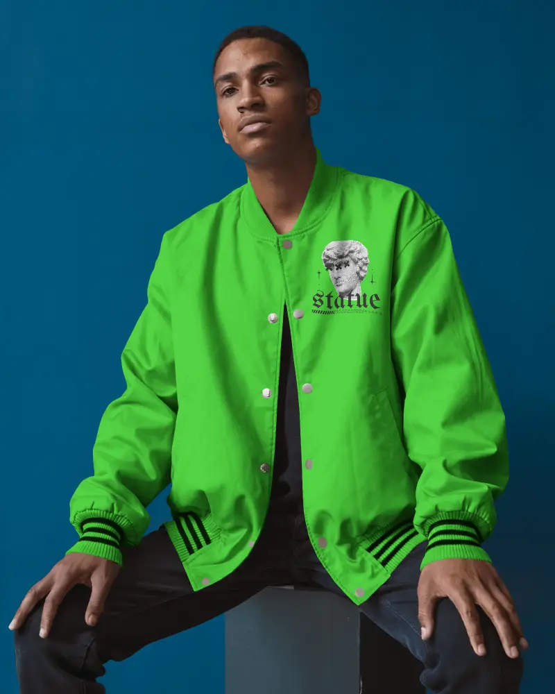 Modern Mens Varsity Jacket Mockup With Button Closure And Contemporary Athleisure Style