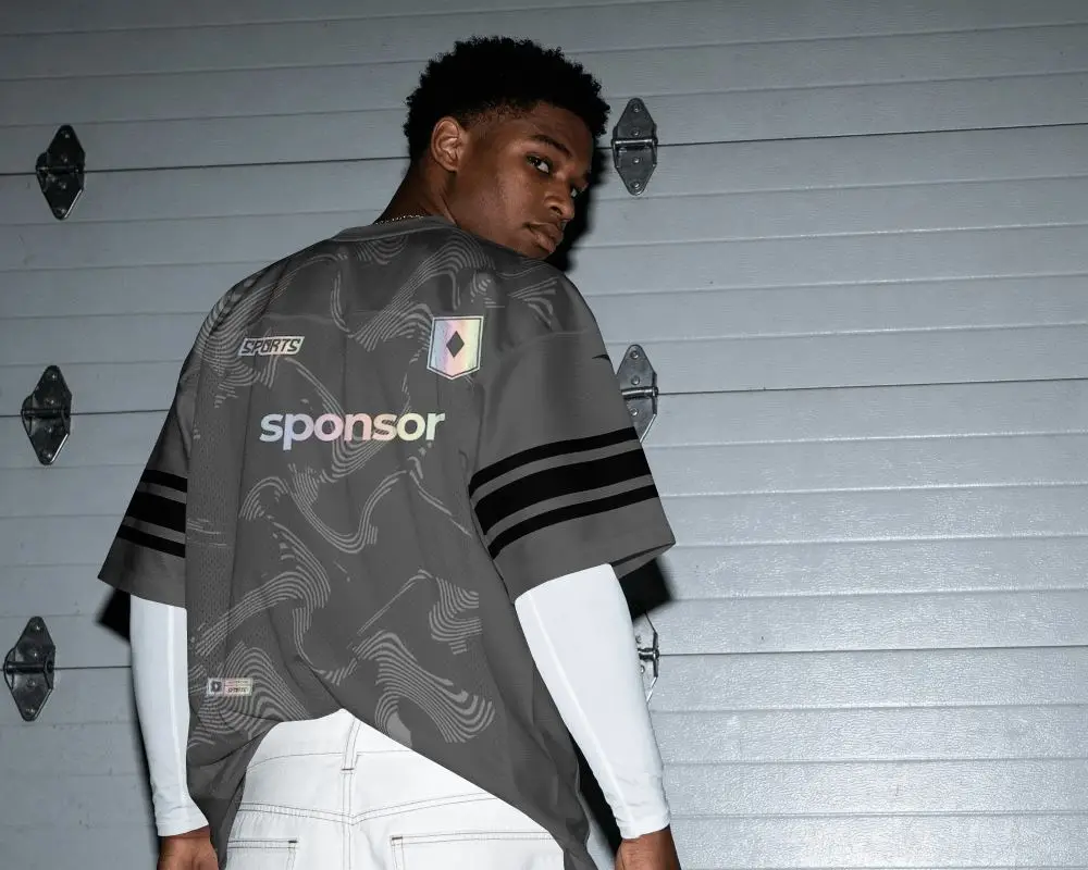 Oversized Basketball Jersey Mockup Male Model Back View In Front Of Garage Door With Streetwear