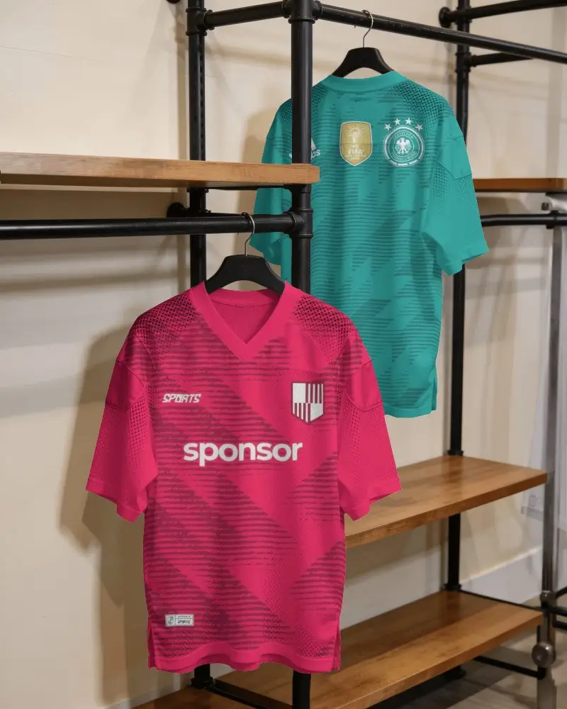Oversized Mesh Marathon Jersey Mockup Hanging On Black Industrial Clothing Rack In Boutique
