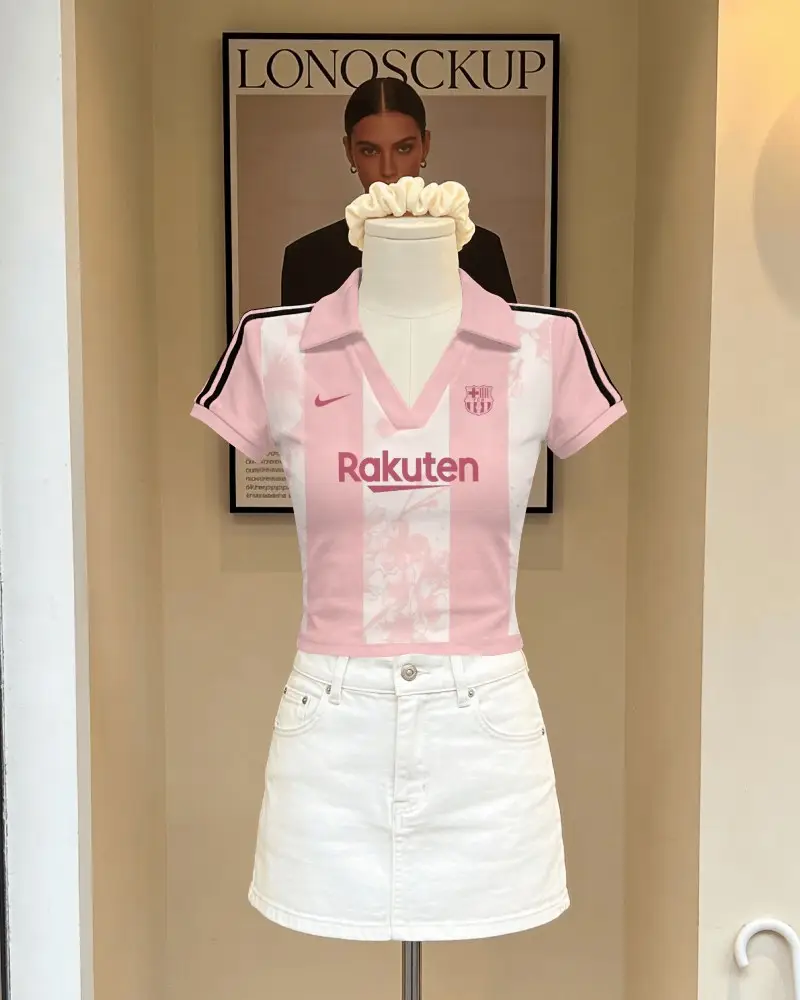 Cropped Polo Football Jersey Mockup On Mannequin With White Skirt In Warm Boutique Display Setting