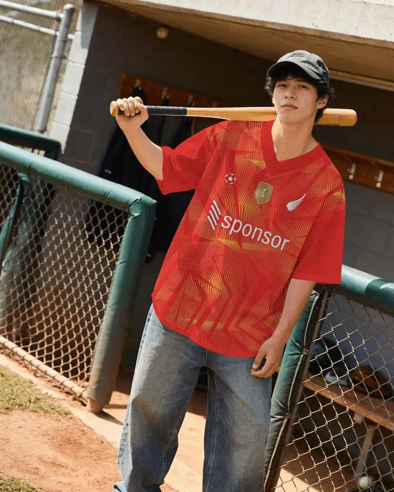 Oversized Baseball Jersey Mockup Male Model Holding Bat On Outdoor Field With Casual Streetwear