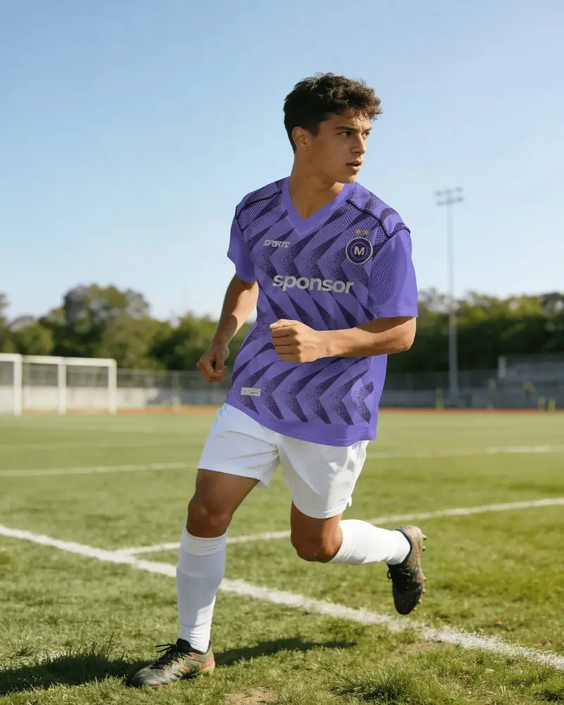 Soccer Jersey Mockup Male Player Running On Football Field With Match Day Action Pose