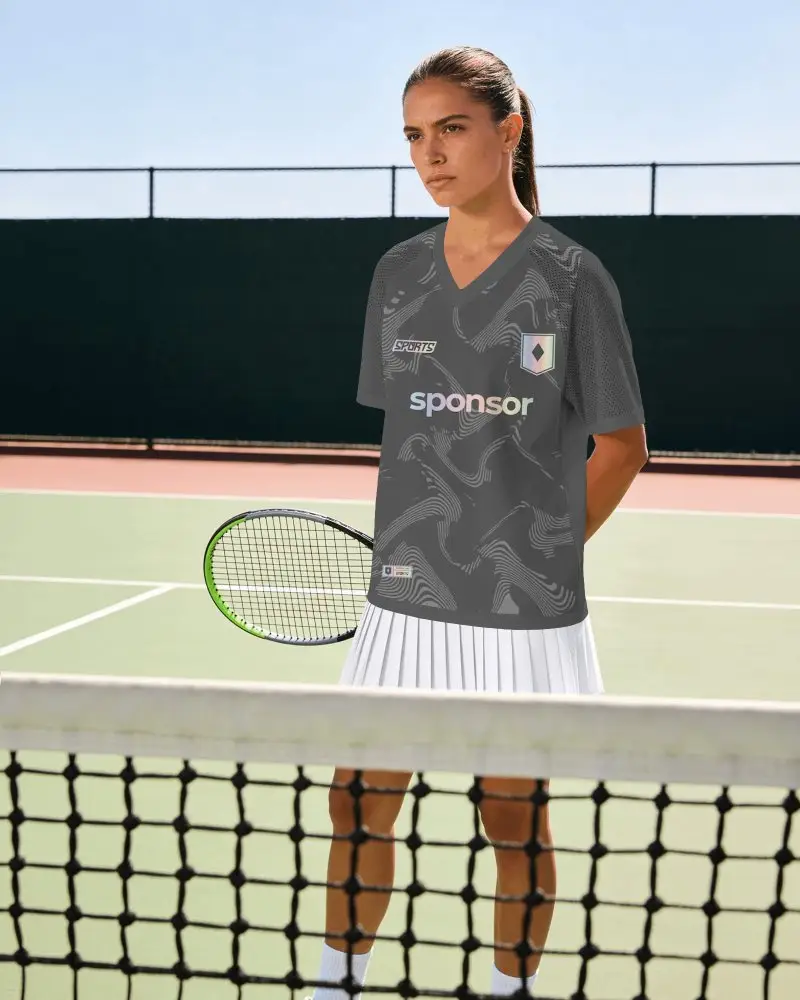 V Neck Tennis Jersey Mockup Female Player Standing Behind Net With Racket On Outdoor Court