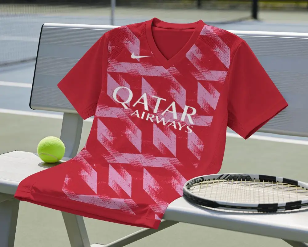 V Neck Tennis Jersey Mockup Laid On Court Bench With Racket And Tennis Ball In Outdoor Setting