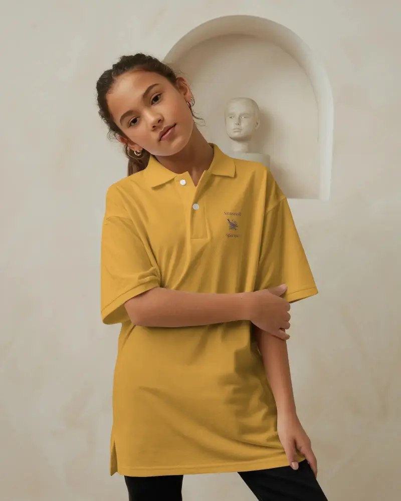 Young Woman Wearing Relaxed Fit Casual Polo Jersey Mockup For Stylish Outfits