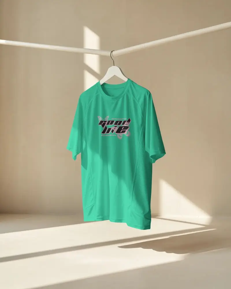 Breathable Lightweight Sports Jersey Mockup Hanging On Hanger For Athletic Gear Display