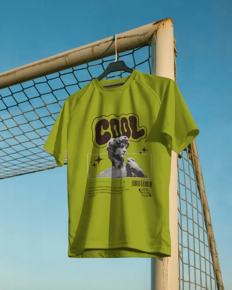 High Quality Sportswear Jersey Hanging On Soccer Goal Post Mockup Template