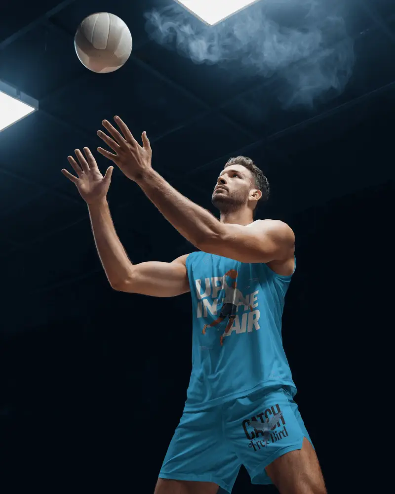 Dynamic Sports Jersey Mockup Athlete Reaching Up Under Dramatic Stadium Lights