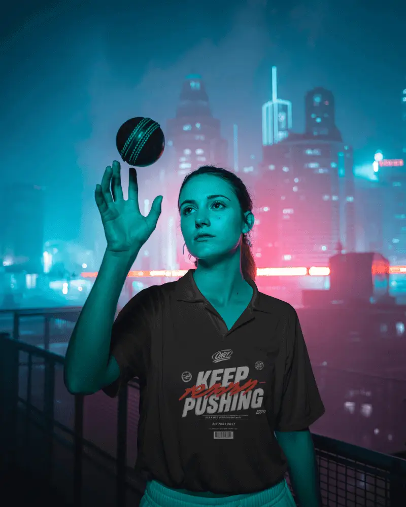 Neon City Cricket Jersey Mockup Athlete Tossing Ball In Futuristic Nightscape