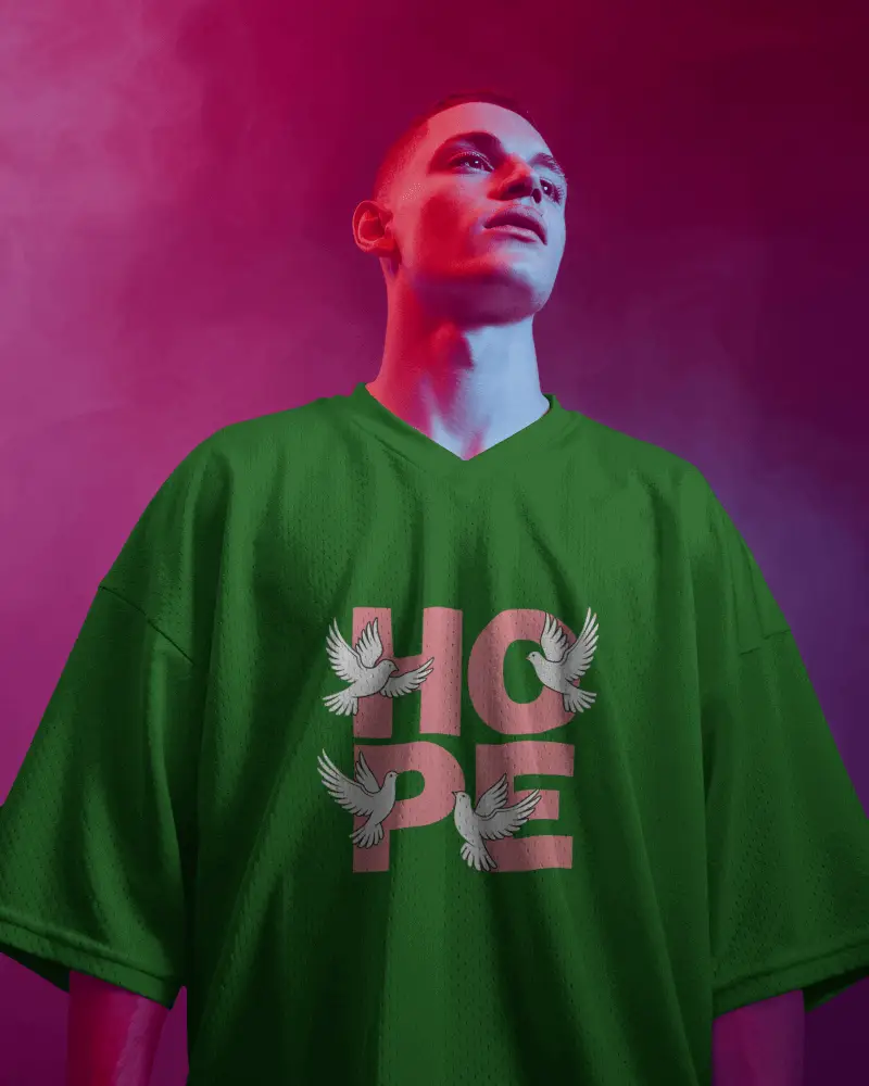Neon Smoke Oversized Jersey Mockup Athlete Looking Up In Bold Magenta Light