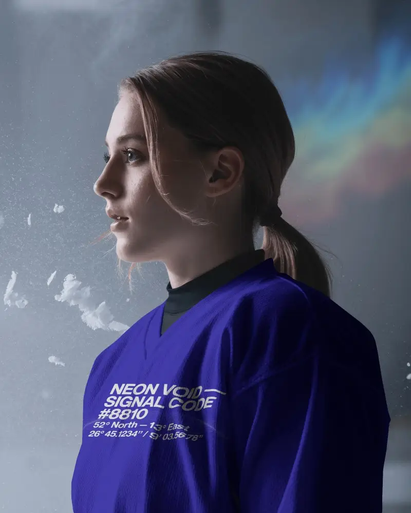 Dreamy Portrait Jersey Mockup With Soft Winter Light And Subtle Rainbow Reflection
