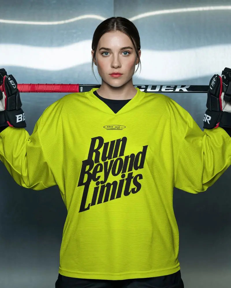 Fierce Hockey Jersey Mockup With Focused Athlete Holding Stick In Bold Metallic Arena