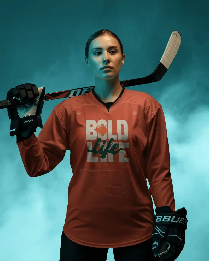 Teal Fog Hockey Jersey Mockup With Confident Athlete Holding Stick In Bold Arena Light