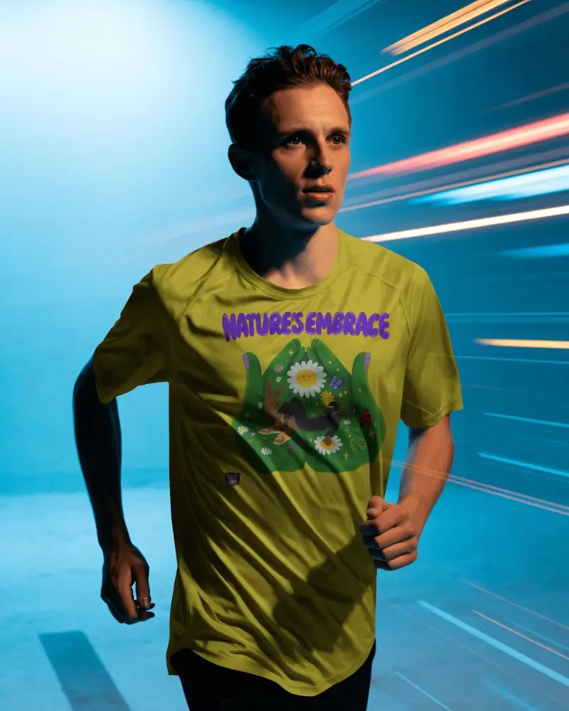 Dynamic Running Jersey Mockup Athletic Male Model In Motion With Vivid Light Trails