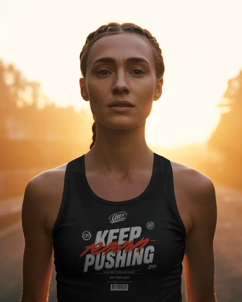 Sunrise Athletic Jersey Mockup Female Runner Standing Focused In Soft Golden Light